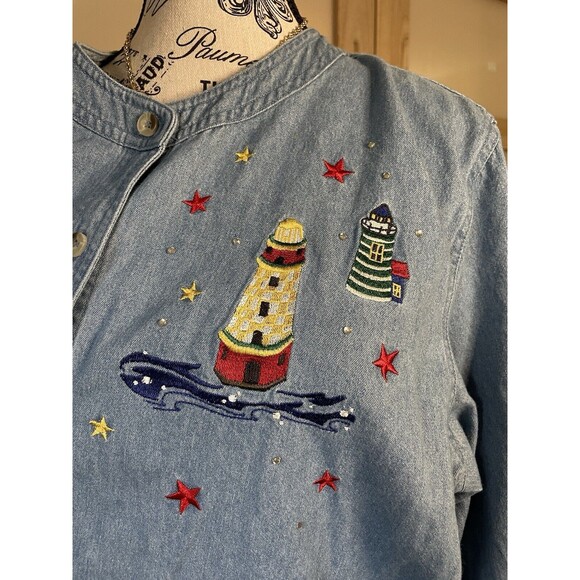 Quacker Factory Vintage Embroidered Nautical Denim Long Sleeve Button Down Sz 1X - Picture 12 of 12